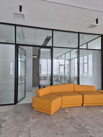 Фото Горчичный акцент в графичном интерьере с перегородками NAYADA