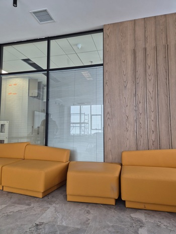 Фото Горчичный акцент в графичном интерьере с перегородками NAYADA