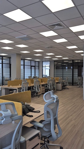 Фото Горчичный акцент в графичном интерьере с перегородками NAYADA